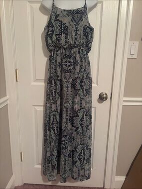 One Clothing Sleeveless Aztec Print Maxi Dress in Gray and blue